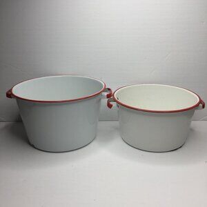 Vintage Enamelware Bowls Set 2 Red Rim & Handles Kitchenware